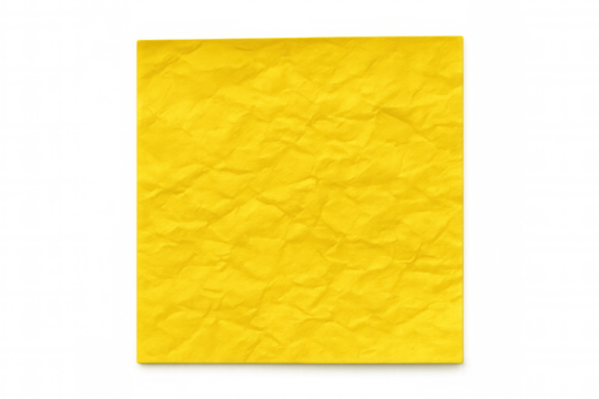 Close-up of a crumpled yellow paper texture, isolated on a transparent background, creating a striking visual element