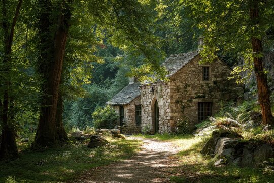 Charming stone cottage nestled in a lush forest setting during midday light