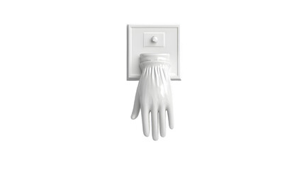A white hand sculpture attached to a white square on a black background in a studio setting
