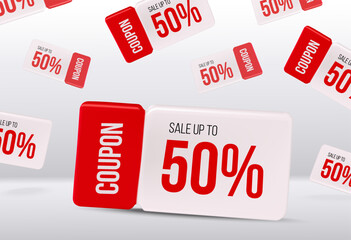 3d unlimited flying gift card vouchers template with coupon code, 50% off, isolated on background. Rain of falling coupons concept in 3d vector illustration. Vector illustration