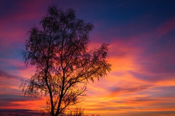 Obraz premium Scenic sunset with a silhouette of a tree against vibrant colors in the evening sky