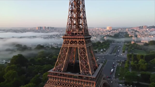 Eiffel Tower sunrise, foggy Paris cityscape. Travel postcard