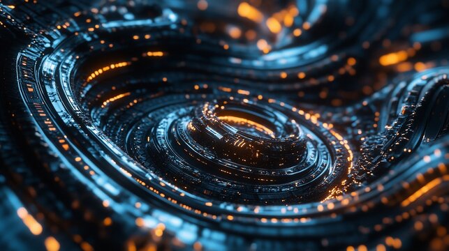Abstract fractal art with blue and black tones and orange highlights creating a spiral effect