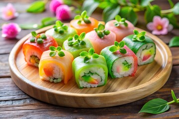 Vibrant Colorful Sushi Rolls on Wooden Plate: Fresh, Appetising, and Healthy Japanese Cuisine.