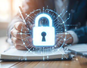 Person writing in notebook with digital padlock overlay representing cybersecurity measures in place