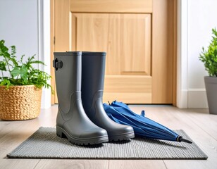 Rain boots and a blue umbrella sit on a mat near a wooden door in an entryway.