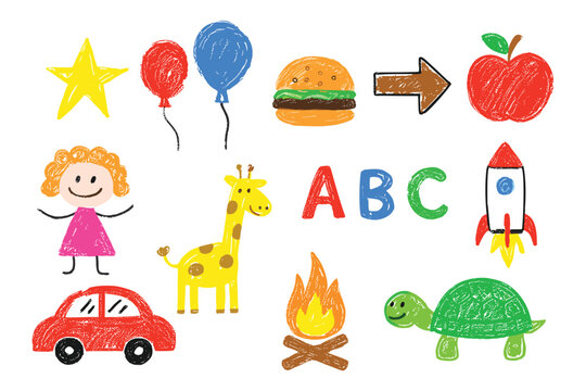 Hand drawn colorful kids objects and alphabet vector illustration