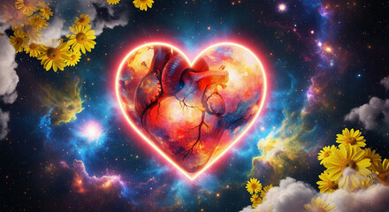 An anatomical heart within a heart outline surrounded by flowers and a cosmic space background