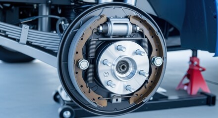 Car Wheel Hub Assembly With Brake Shoes and Springs Exposed During Repair Service
