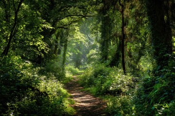 Obraz premium Lush forest path illuminated by sunlight through the trees in a serene natural setting