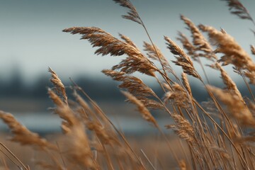 Fototapeta premium Golden reeds sway gently by the water’s edge during the calm evening in a serene landscape