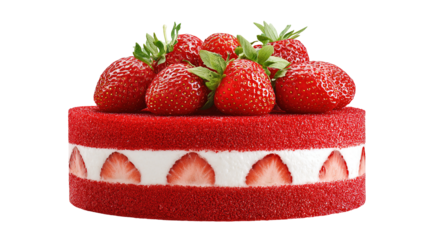 White chocolate strawberry yogurt cake decorated with fresh fruits and chocolate chunk on wood table. Delicious and sweet pink cake for Valentines or birthday party. Homemade bakery concept.