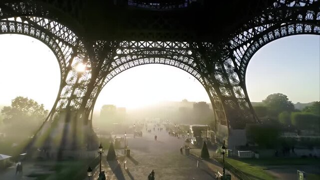 Paris sunrise Eiffel Tower archway view, people stroll, hazy background. Travel poster