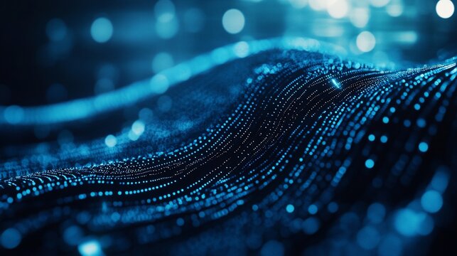 Dynamic fractal graphics with blue curves and blurred textures, creating a digital wave effect