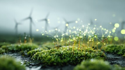 Sustainable Energy Network: Moss, Wind Turbines, and Digital Connection Representing Green Technology Solutions