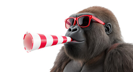 Cool Gorilla Celebrates with Party Horn and Sunglasses Fun, Festive Stock Photo