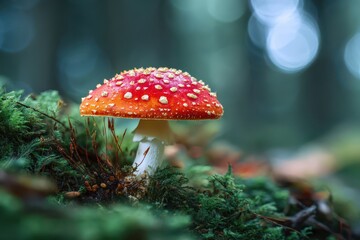 Bright red mushroom stands out among green moss in a forest setting during early morning light