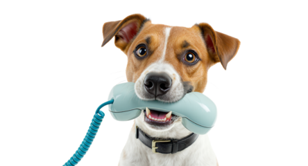 Cute Dog Holding Phone Contact Us Now for Pet Services!