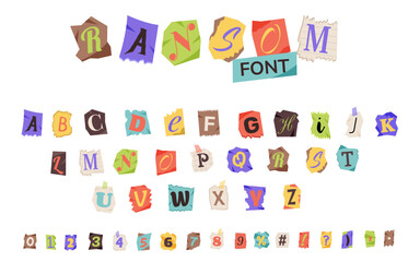 Ransom font. Letters and numbers cut from newspapers and magazines. Anonymous, ransom, magazine, newspaper alphabet.