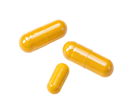 Yellow capsules isolated on white background for health and nutrition supplement concept image