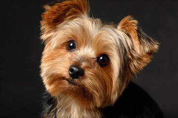 Fototapeta premium Cute Yorkshire Terrier puppy with a curious expression against a dark background