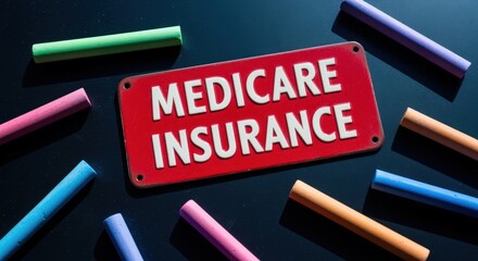 Medicare insurance concept on a red plate surrounded by colorful chalks on dark background