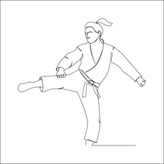 Minimalist line art of a martial artist performing a high kick in traditional uniform with a ponytail hairstyle.
