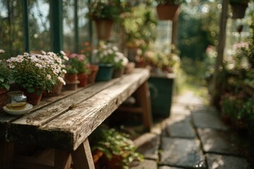 A wooden bench in the greenhouse, flower pots on both sides of a wooden table, a sunny day, sunlight, natural light