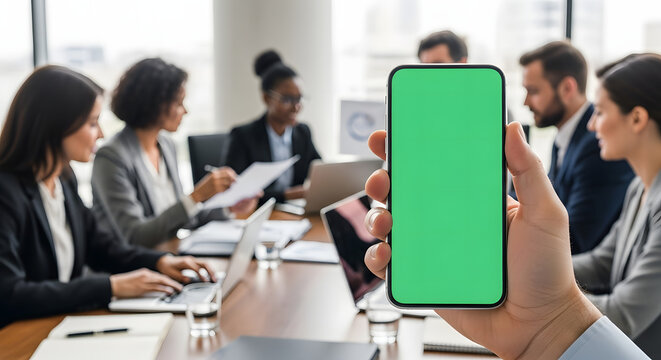 Diverse team collaborates in modern boardroom, focus on smartphone with green screen for creative use