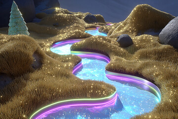 Serene glowing river winding through a mystical landscape with shimmering grass and rocks