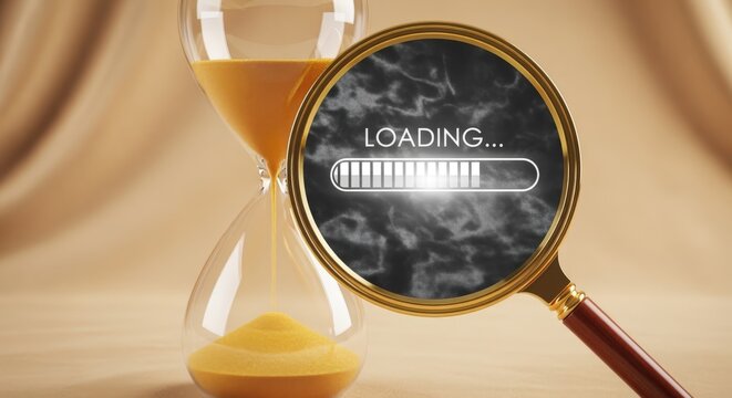 Loading time concept: Hourglass and magnifying glass displaying loading bar with a beige background