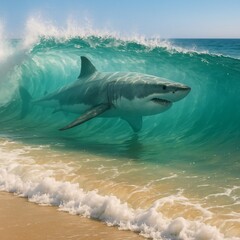 Fototapeta premium Great White Shark Visible Inside Breaking Ocean Wave Near Shore