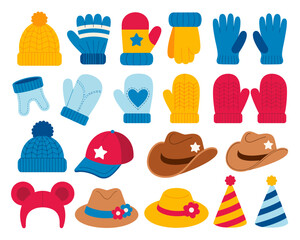 Colorful Collection of Winter Hats Gloves and Festive Party Headwear Cute Cartoon Style Vector Set for Fashion and Celebration