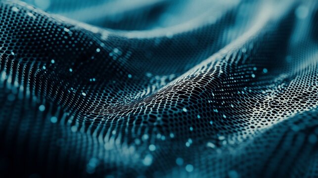 Abstract fractal design with blue and black textured background surface patterns and glowing dots