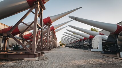 Naklejka premium Wind Turbine Components Stored in Large Industrial Yard