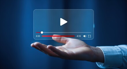 Hand Holding Transparent Media Player Interface, Digital Content Streaming and Modern Technology Concept on Blue Background
