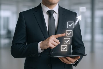 Businessman Displays Project Completion Checklist on Tablet with Positive Growth Arrow and Destination Flag
