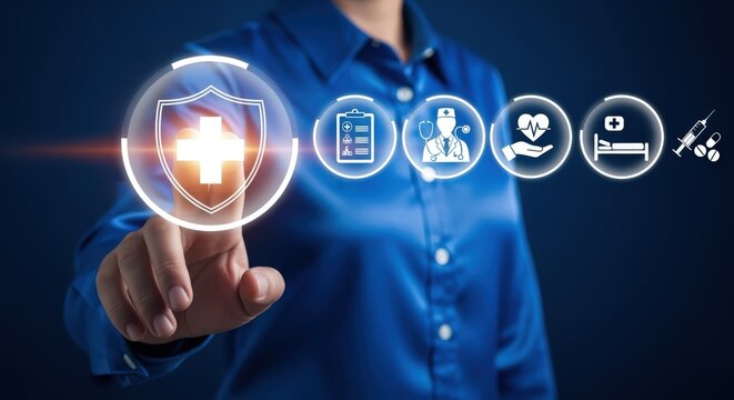 Healthcare Professional Accessing Medical Technology Services on Digital Interface for Insurance, Protection, and Wellness