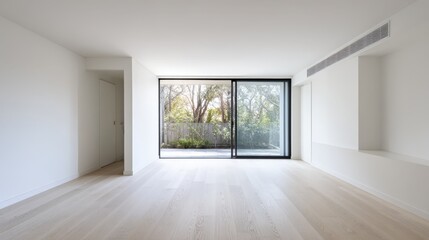 Fototapeta premium Modern Empty Room with Hardwood Flooring and Natural Light from Large Sliding Glass Doors