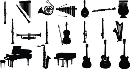 Musical instruments silhouette set, piano, guitar, trumpet, violin, flute, saxophone, harp, percussion, wind instruments, orchestra, vector music design.