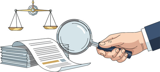 A stylized vector of a hand with a magnifying glass over documents, symbolizing a tax audit and regulation.