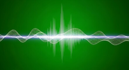 Abstract sound wave visualization on green background representing audio frequency and digital signal processing for music production and data analysis