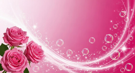 Three pink roses with green leaves on a pink background with bubbles and sparkling light effects