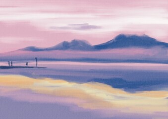 Purple Pink Sunset in the Lake Illustration