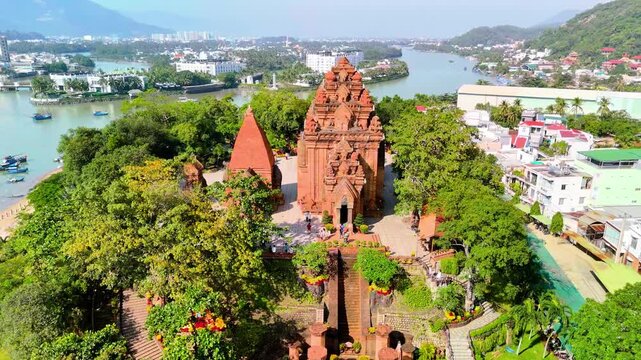 Aerial view of Ponagar tower in city at morning time among the urban development
