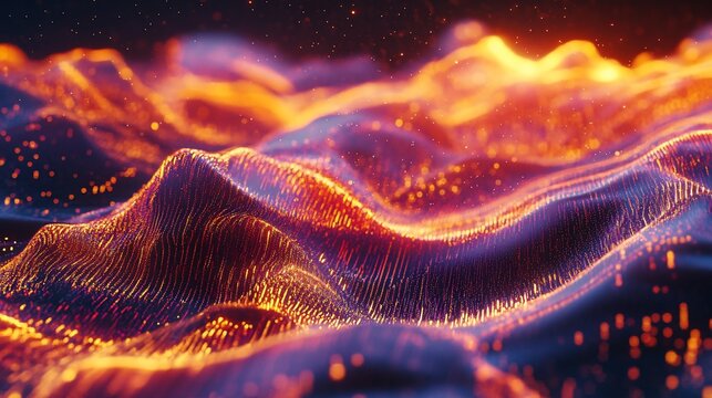Abstract futuristic background with dynamic flowing digital waves in orange and blue hues
