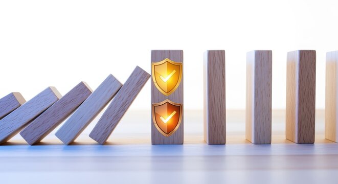 Risk Management Concept: Domino Effect Interruption with Shield Icon Prevention, Security and Safety Assurance in Business