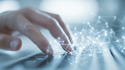 Close-up of a Hand Typing on Laptop with Futuristic Network Overlay, Illustrating Connectivity and Digital Technology