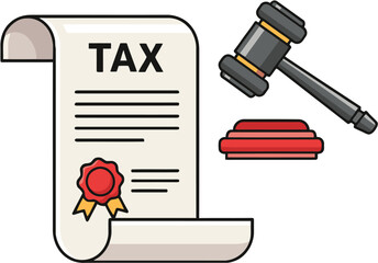 A stylized vector of an official document with a gavel, representing a formal tax notice or legal summons.