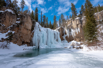 Spectacular Frozen Waterfall in Winter Landscape with Ice and Snowy Cliff and Evergreen Tree on a Sunny Day